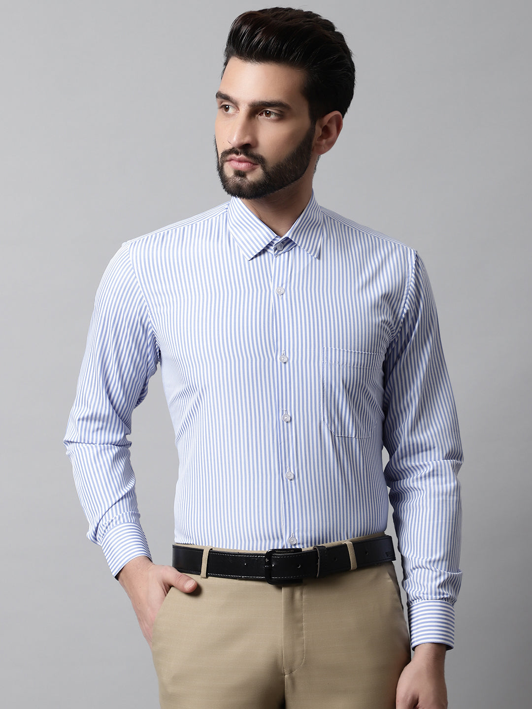 Jainish Men's Blue & White Regular Fit Striped Formal Shirt