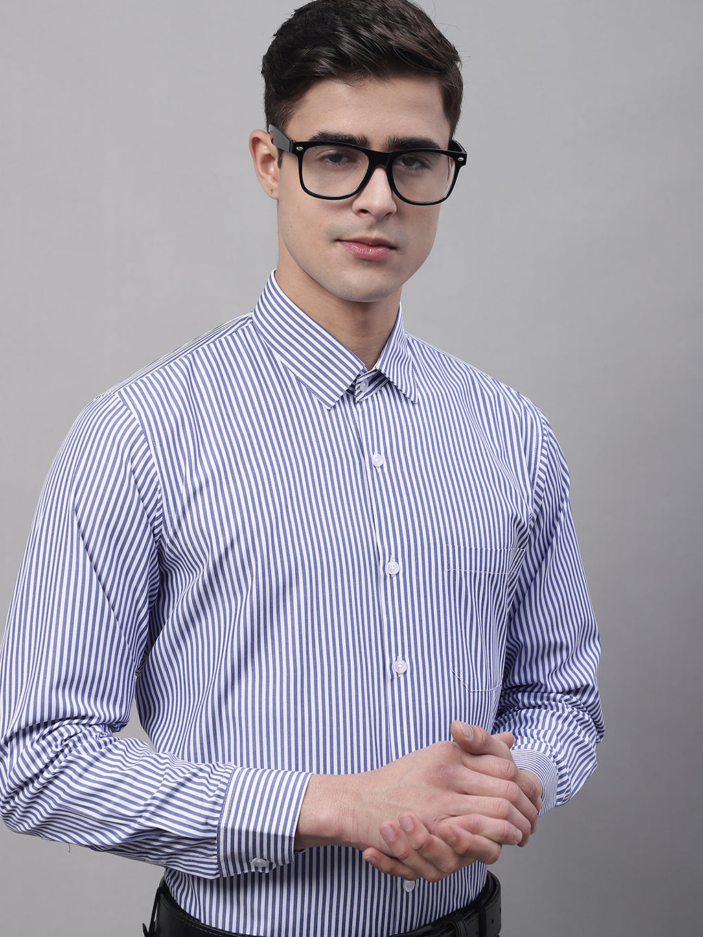 Jainish Men's Navy Blue & White Regular Fit Striped Formal Shirt