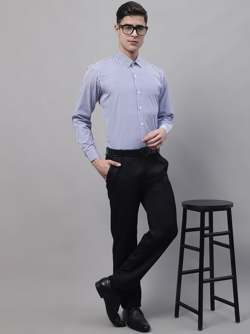 Jainish Men's Navy Blue & White Regular Fit Striped Formal Shirt