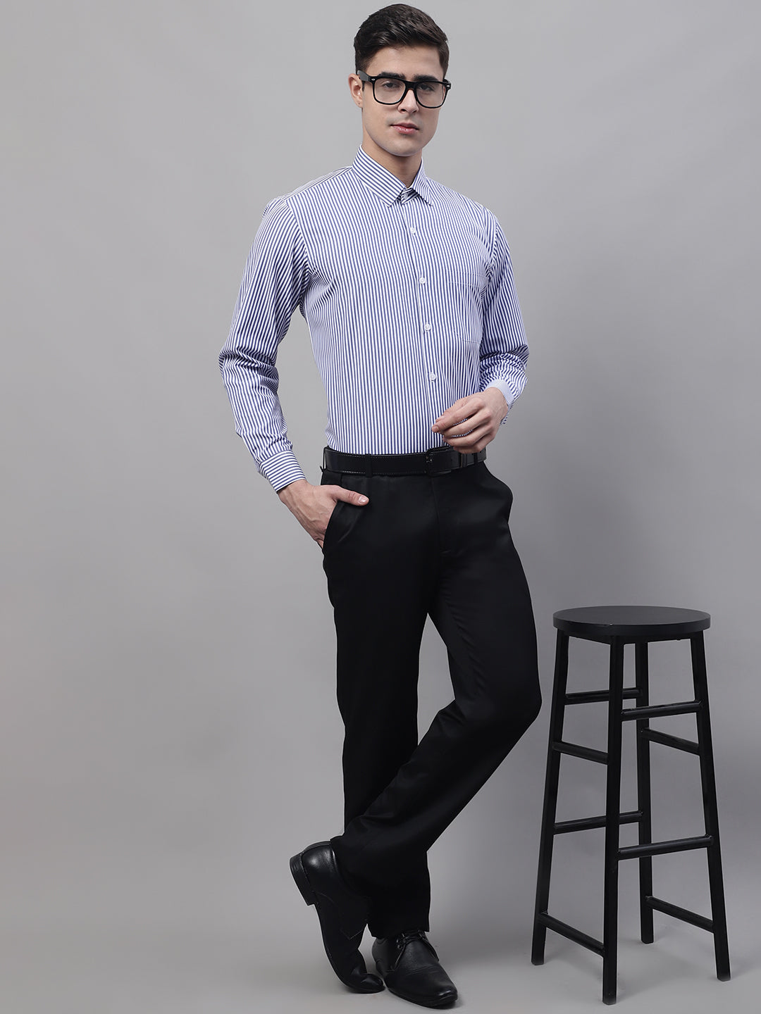 Jainish Men's Navy Blue & White Regular Fit Striped Formal Shirt