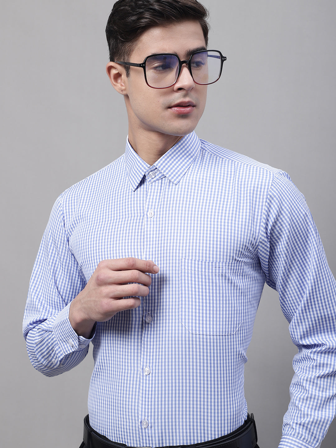Jainish Men's Blue Micro Checked Formal Shirt