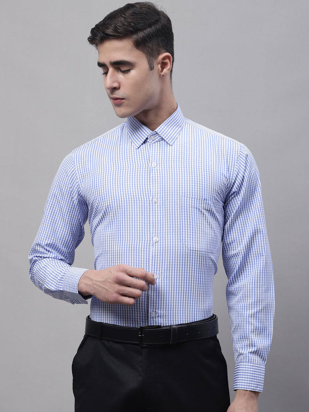 Jainish Men's Blue Micro Checked Formal Shirt