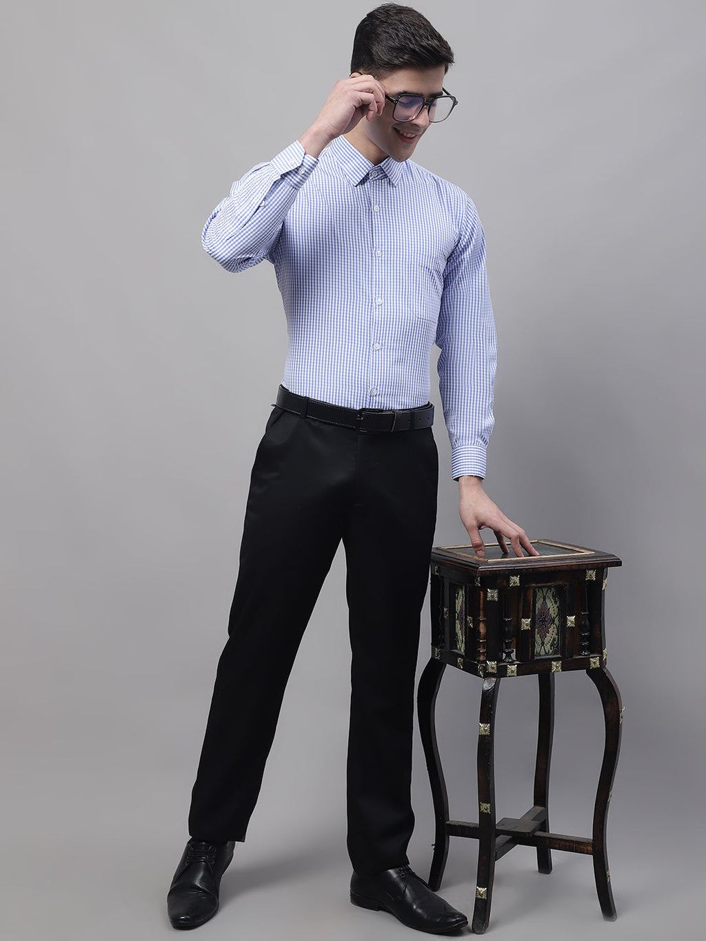 Jainish Men's Blue Micro Checked Formal Shirt