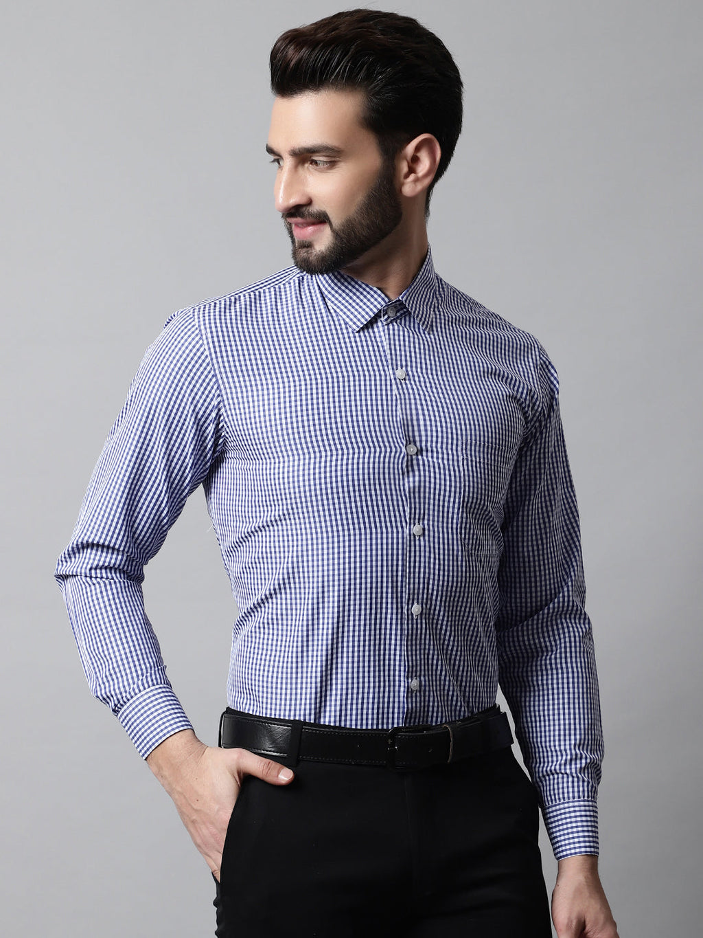 Jainish Men's Navy Blue Micro Checked Causal Shirt