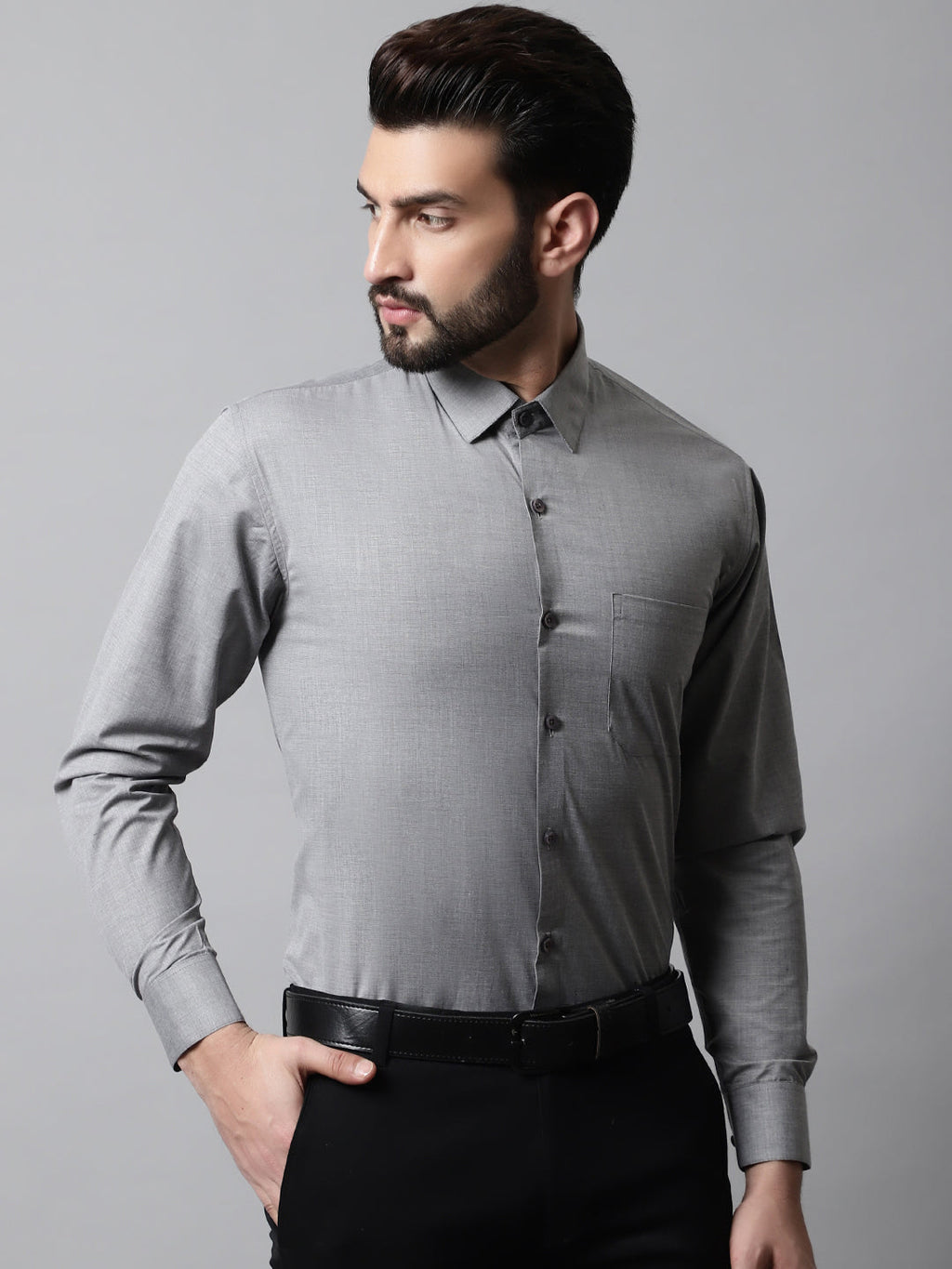 Jainish Men's Grey Classic Slim Fit Solid Formal Shirt