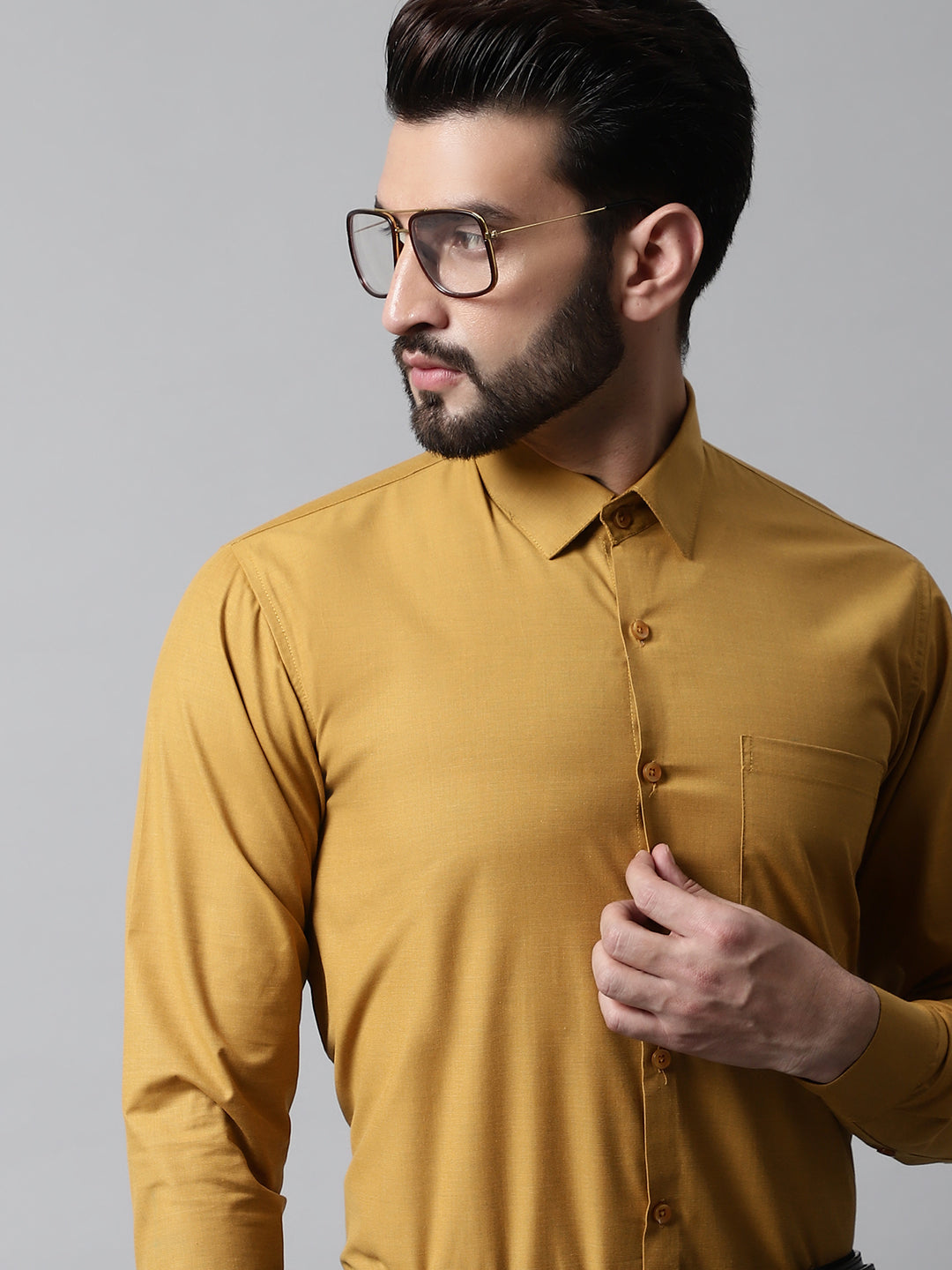 Jainish Men's Mustard Classic Slim Fit Solid Formal Shirt
