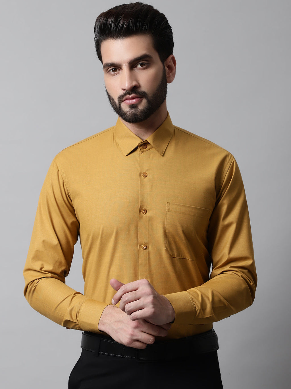 Jainish Men's Mustard Classic Slim Fit Solid Formal Shirt