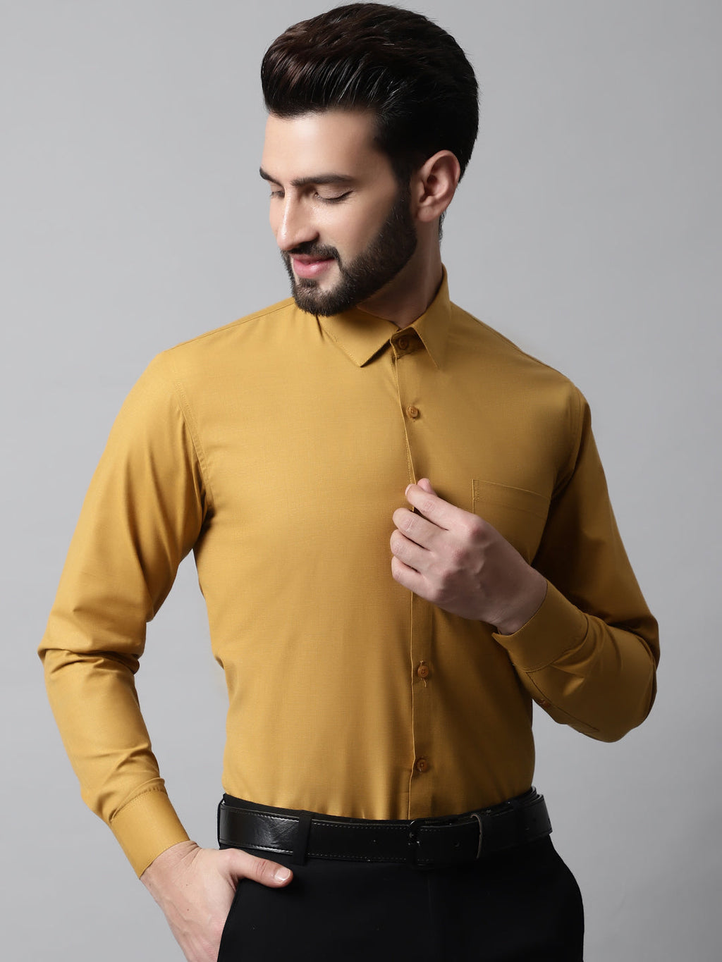 Jainish Men's Mustard Classic Slim Fit Solid Formal Shirt