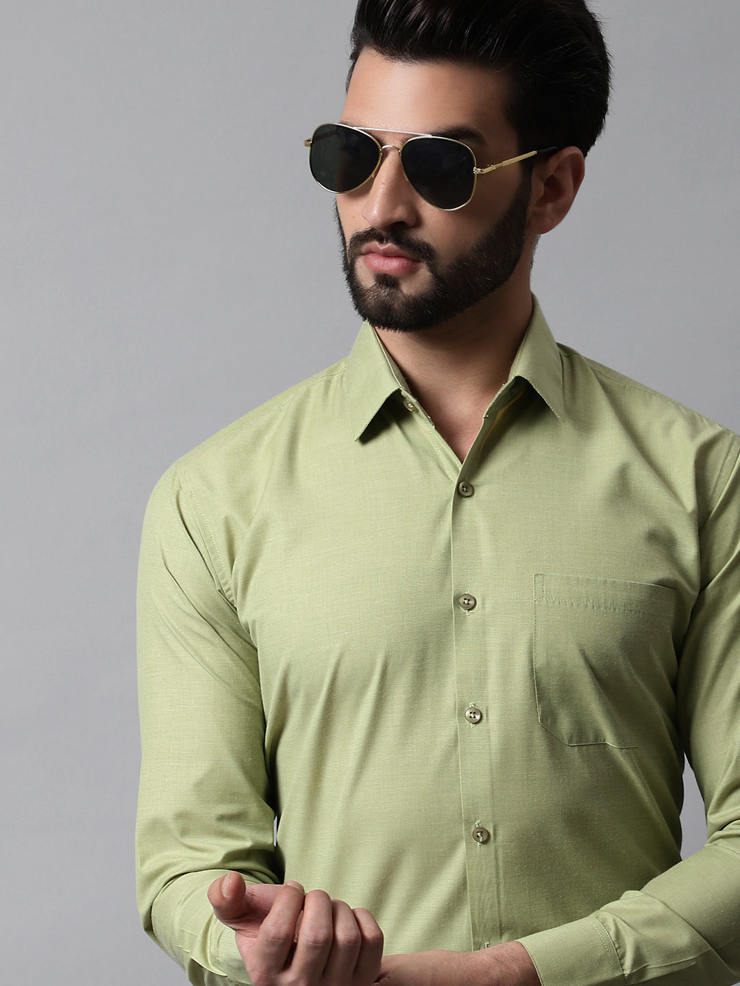 Jainish Men's Pista Green Classic Slim Fit Solid Formal Shirt