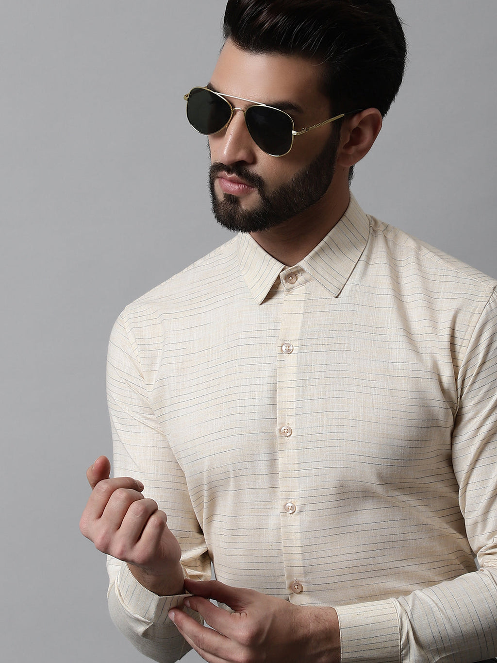 Jainish Men's Cream Cotton Classic Formal Shirt