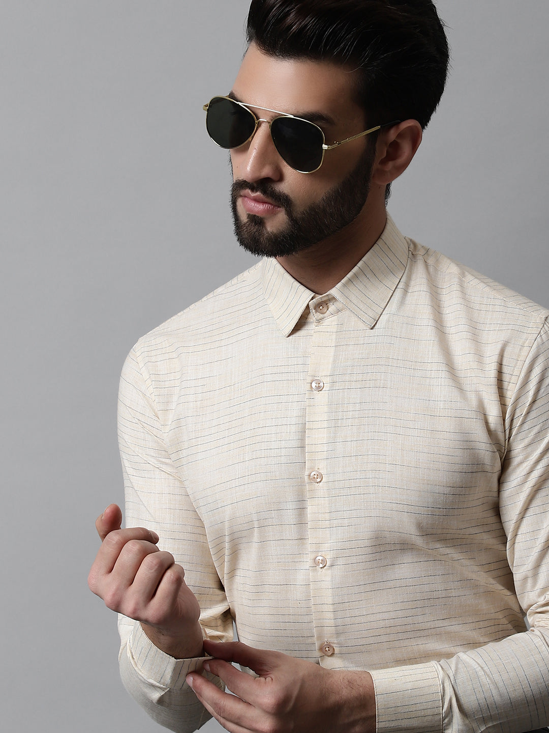 Jainish Men's Cream Cotton Classic Formal Shirt