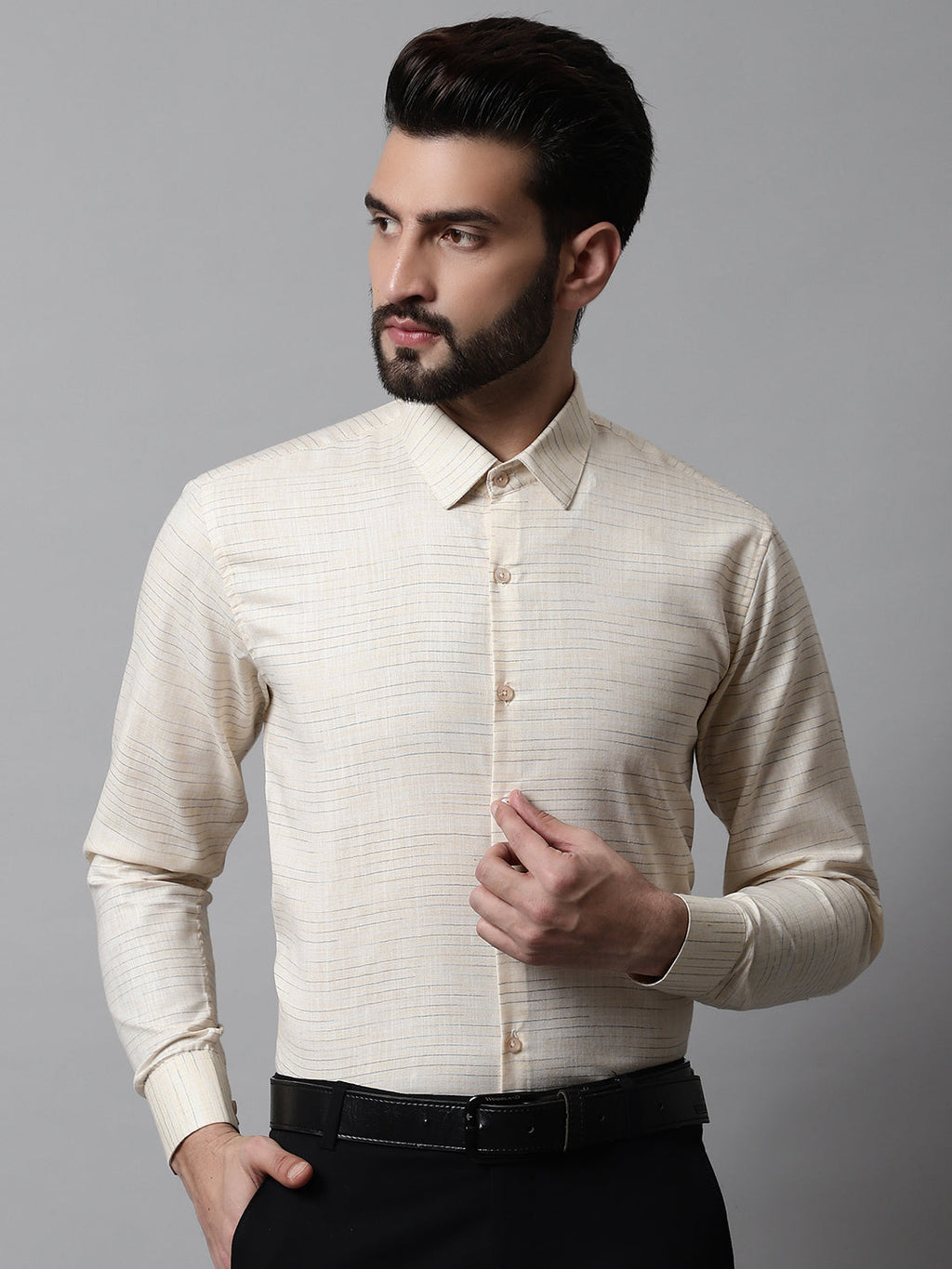 Jainish Men's Cream Cotton Classic Formal Shirt