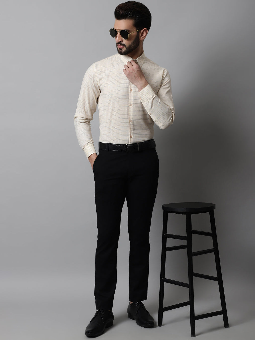 Jainish Men's Cream Cotton Classic Formal Shirt