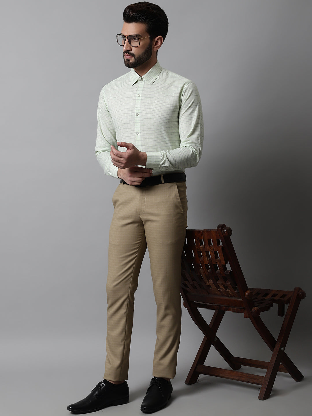 Jainish Men's Light-Green Cotton Classic Formal Shirt