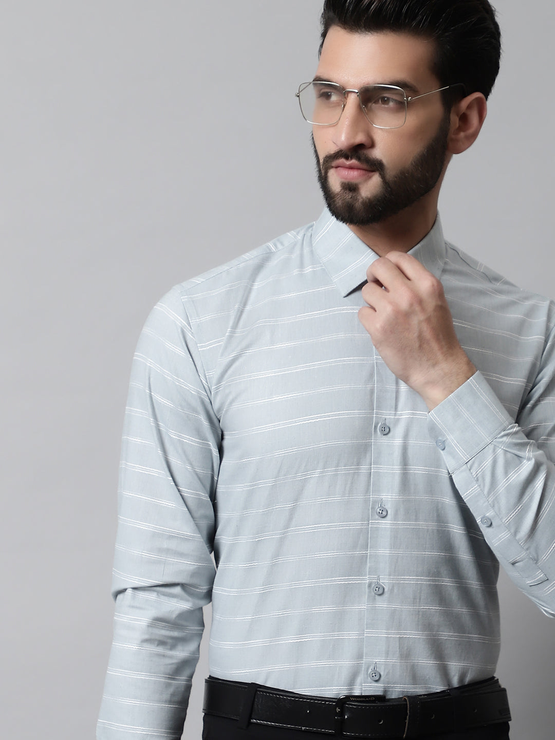 Jainish Men's Grey Classic Striped Formal Cotton Shirt