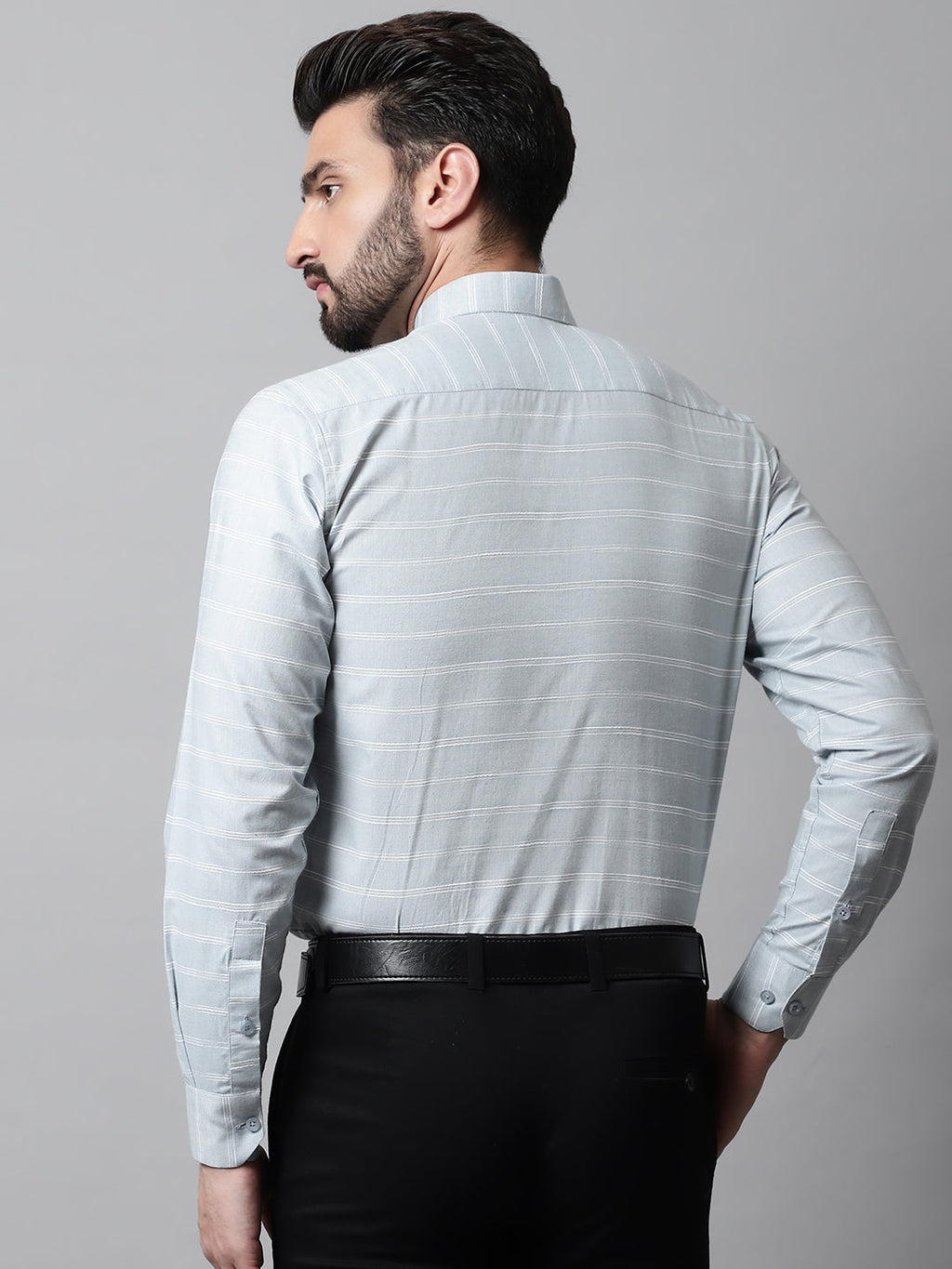 Jainish Men's Grey Classic Striped Formal Cotton Shirt