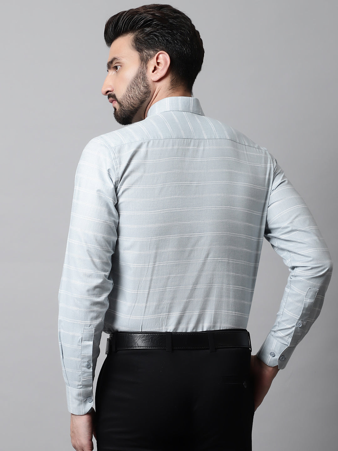 Jainish Men's Grey Classic Striped Formal Cotton Shirt