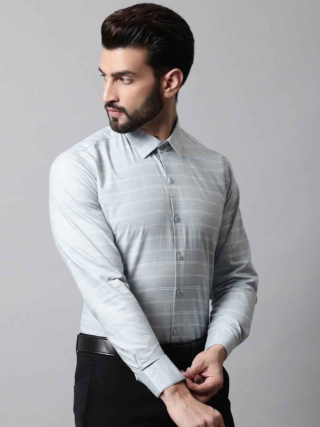Jainish Men's Grey Classic Striped Formal Cotton Shirt