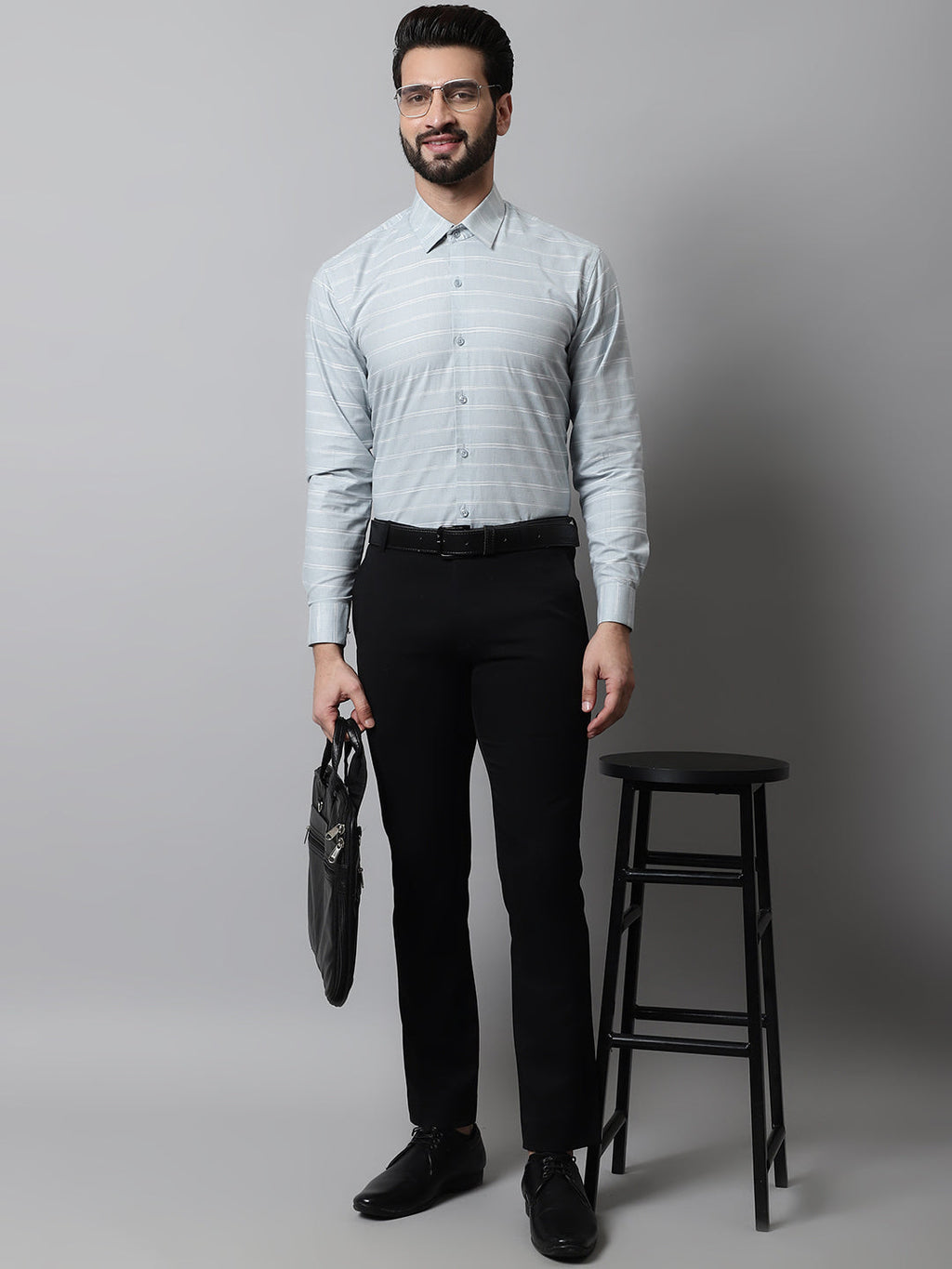 Jainish Men's Grey Classic Striped Formal Cotton Shirt