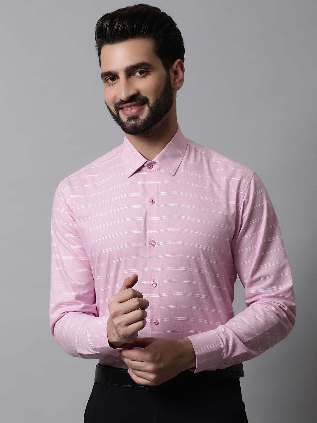 Jainish Men's Pink Classic Striped Formal Cotton Shirt