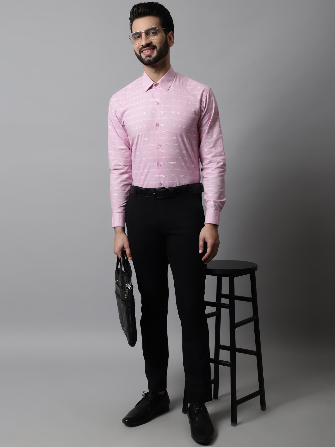 Jainish Men's Pink Classic Striped Formal Cotton Shirt