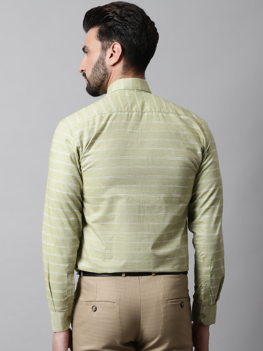 Jainish Men's Pista Green Classic Striped Formal Cotton Shirt
