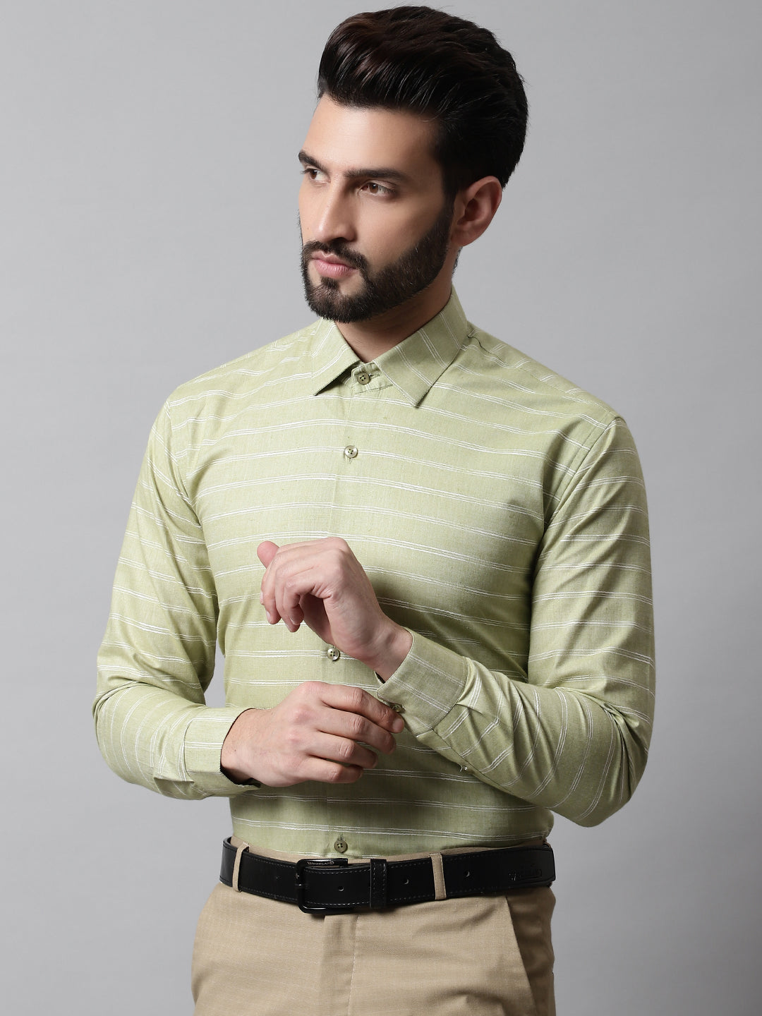 Jainish Men's Pista Green Classic Striped Formal Cotton Shirt