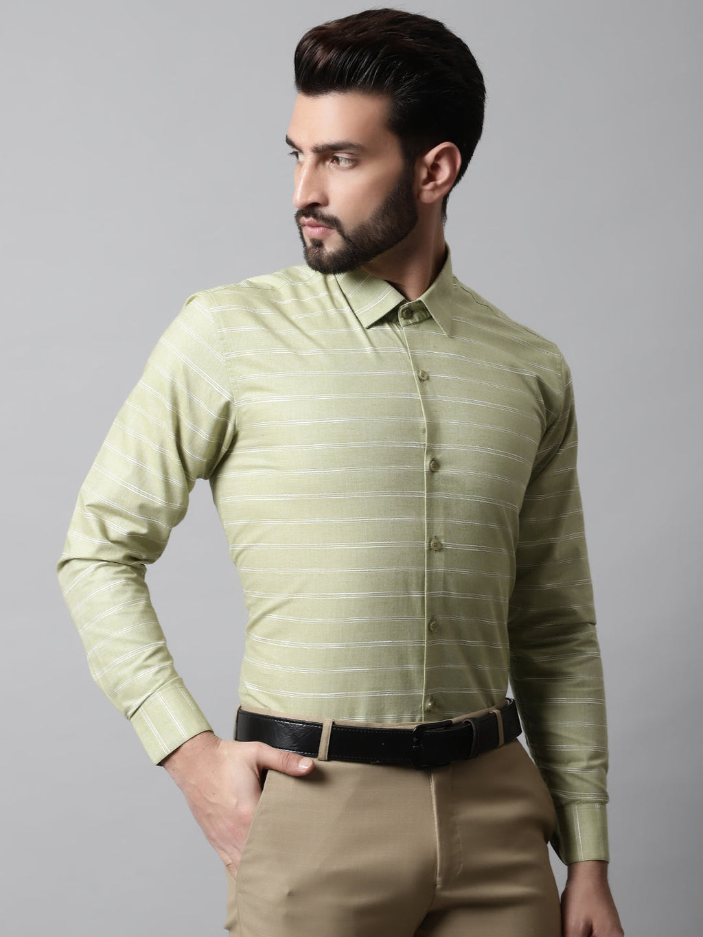 Jainish Men's Pista Green Classic Striped Formal Cotton Shirt