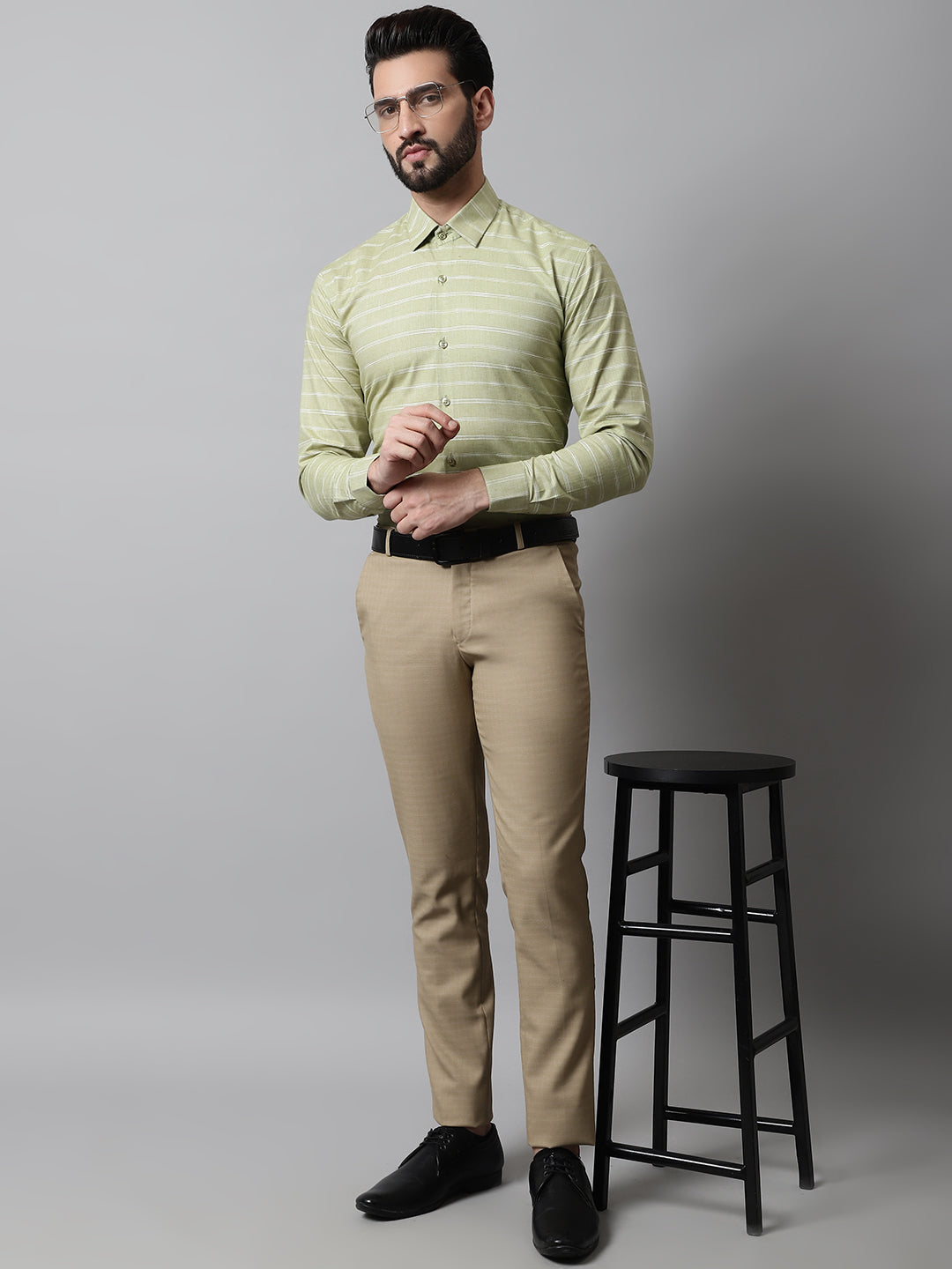 Jainish Men's Pista Green Classic Striped Formal Cotton Shirt