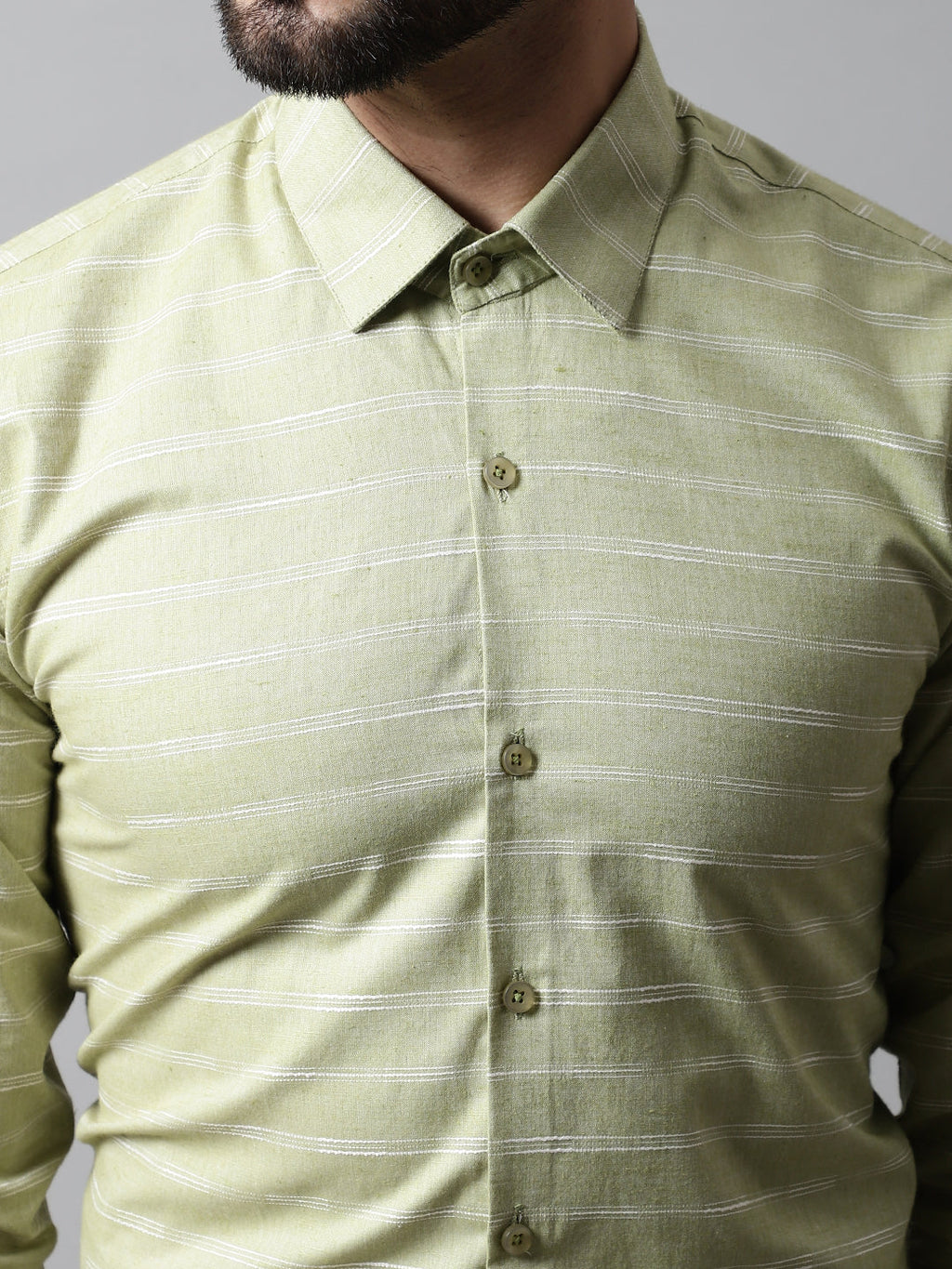 Jainish Men's Pista Green Classic Striped Formal Cotton Shirt