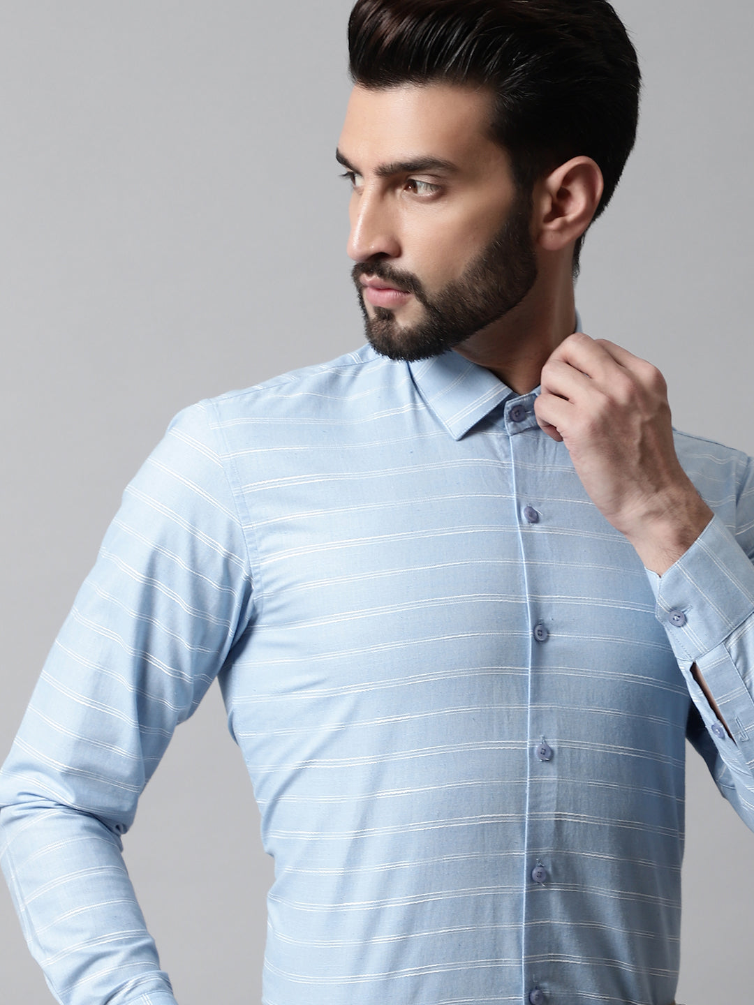 Jainish Men's Sky Blue Classic Striped Formal Cotton Shirt