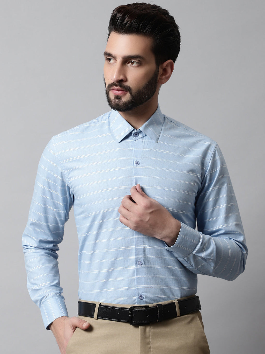 Jainish Men's Sky Blue Classic Striped Formal Cotton Shirt
