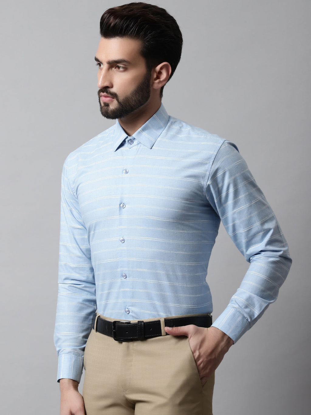 Jainish Men's Sky Blue Classic Striped Formal Cotton Shirt