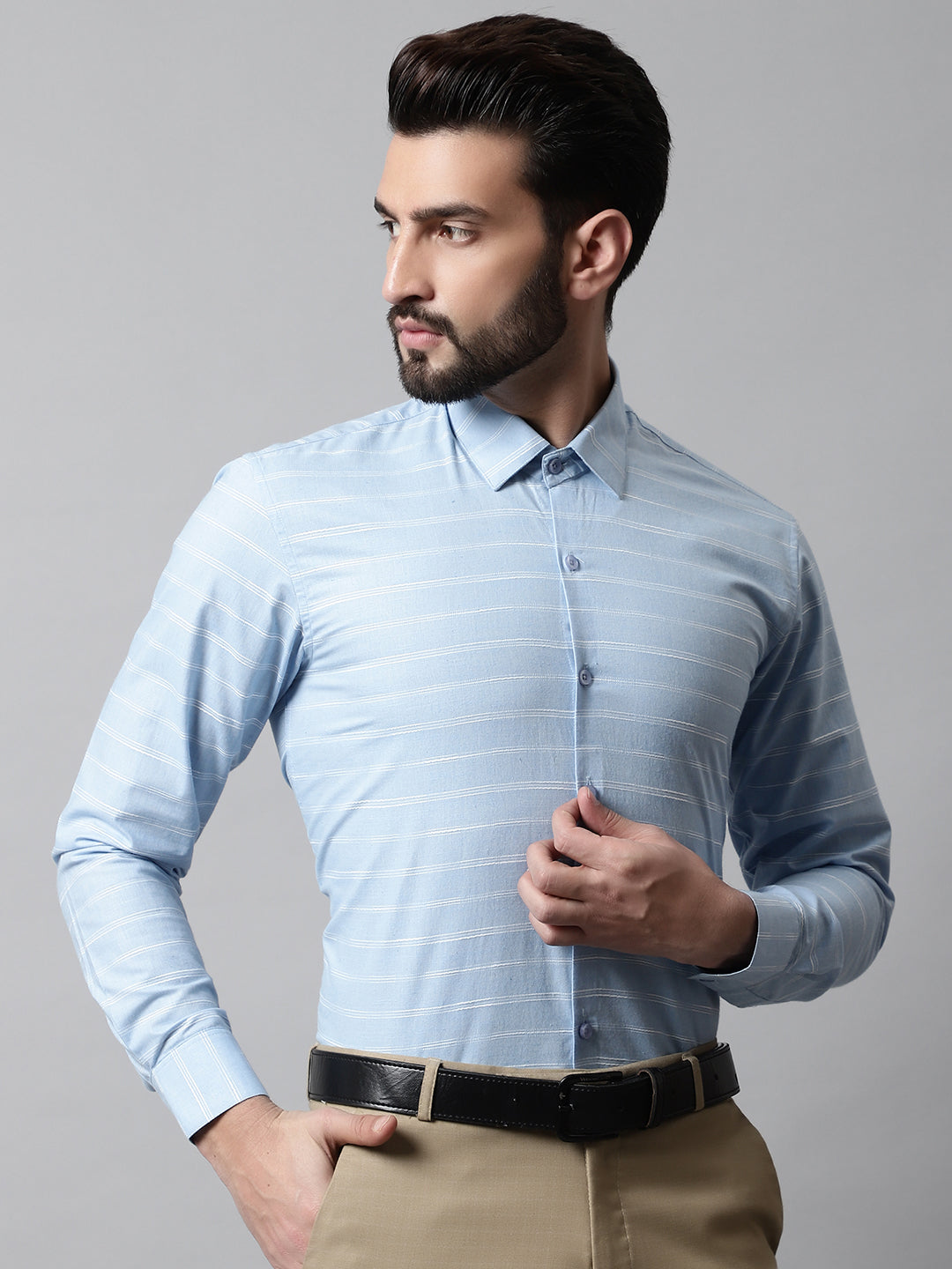 Jainish Men's Sky Blue Classic Striped Formal Cotton Shirt