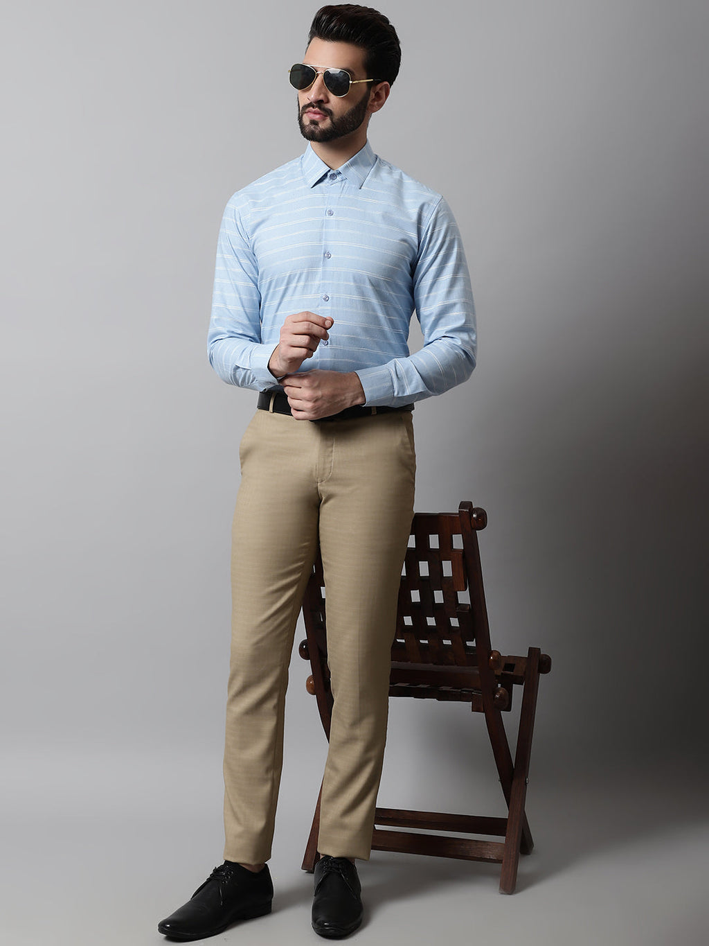 Jainish Men's Sky Blue Classic Striped Formal Cotton Shirt