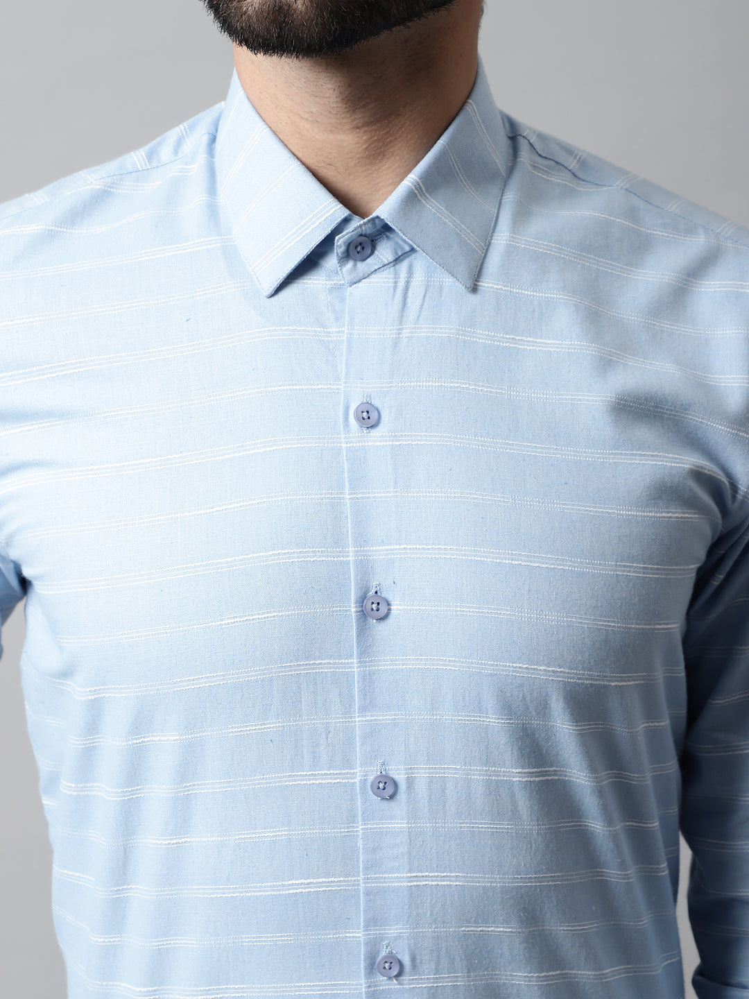 Jainish Men's Sky Blue Classic Striped Formal Cotton Shirt
