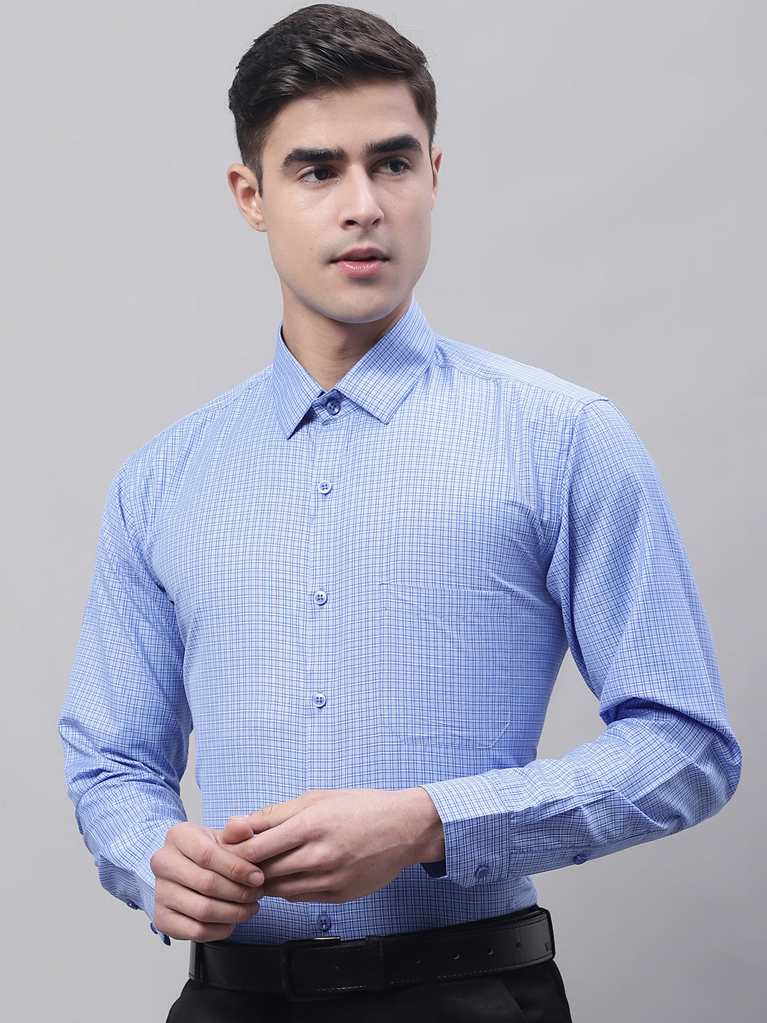Jainish Men's Blue Micro Checked Formal Shirt