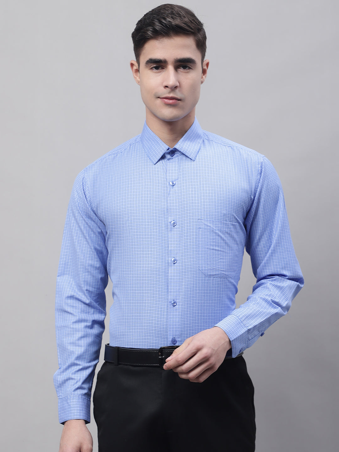 Jainish Men's Blue Micro Checked Formal Shirt