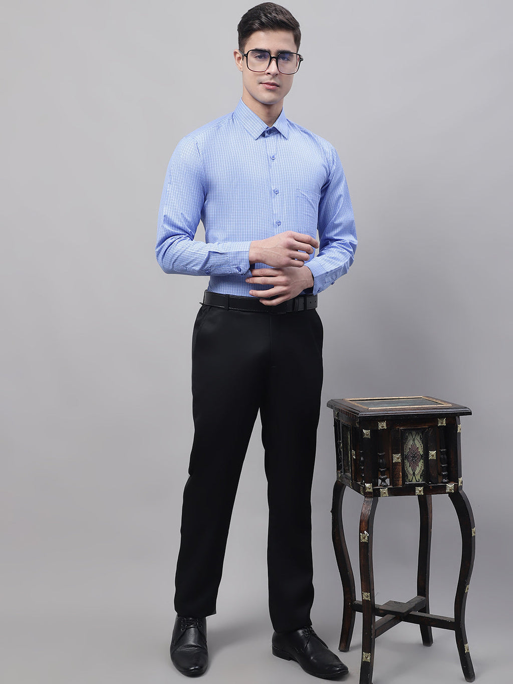 Jainish Men's Blue Micro Checked Formal Shirt