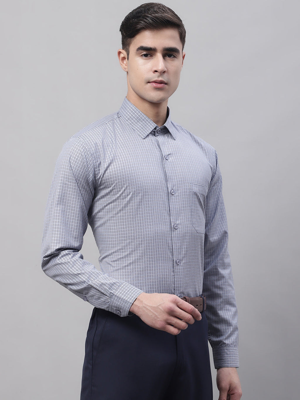 Jainish Men's Grey Micro Checked Formal Shirt