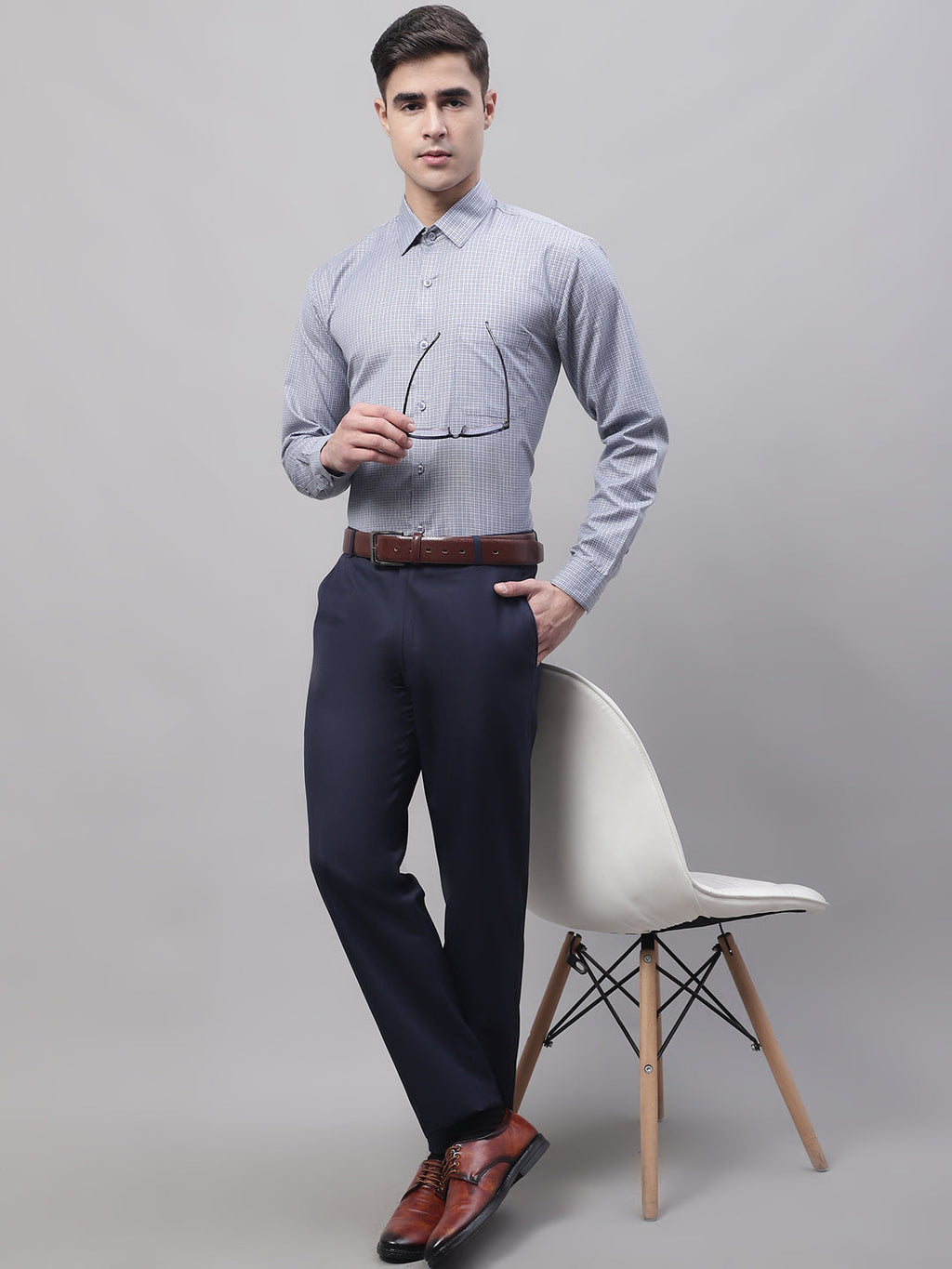 Jainish Men's Grey Micro Checked Formal Shirt