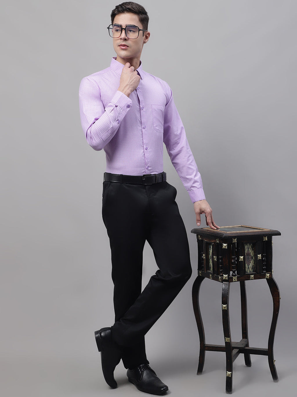 Jainish Men's Purple Micro Checked Formal Shirt