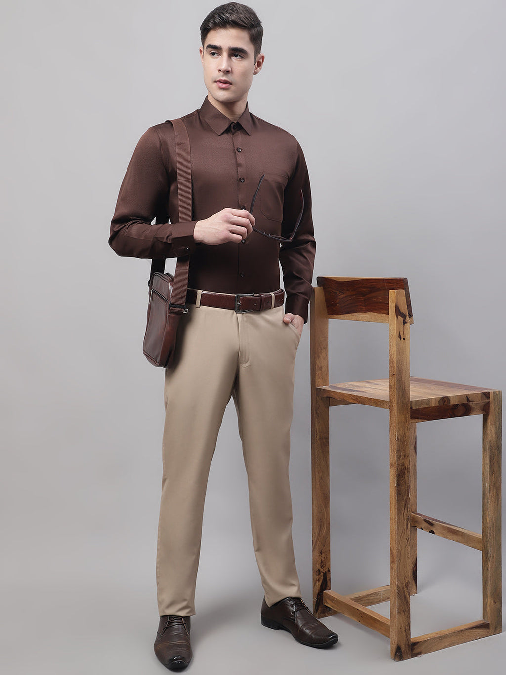 Jainish Men's Coffee Dobby Textured Formal Shirt