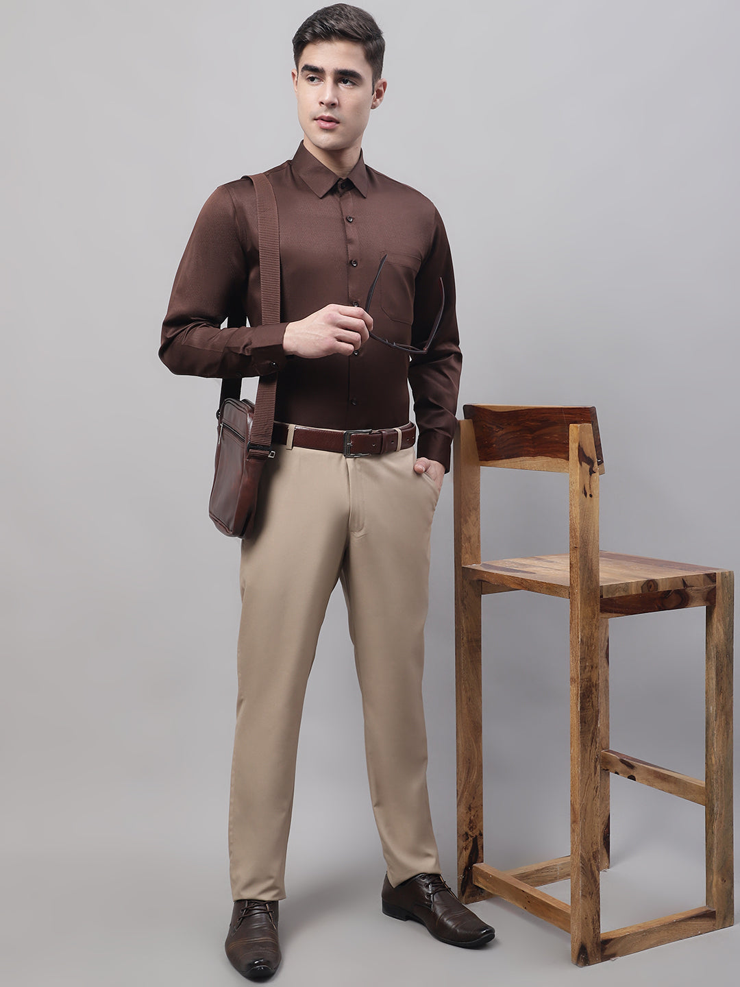 Jainish Men's Coffee Dobby Textured Formal Shirt