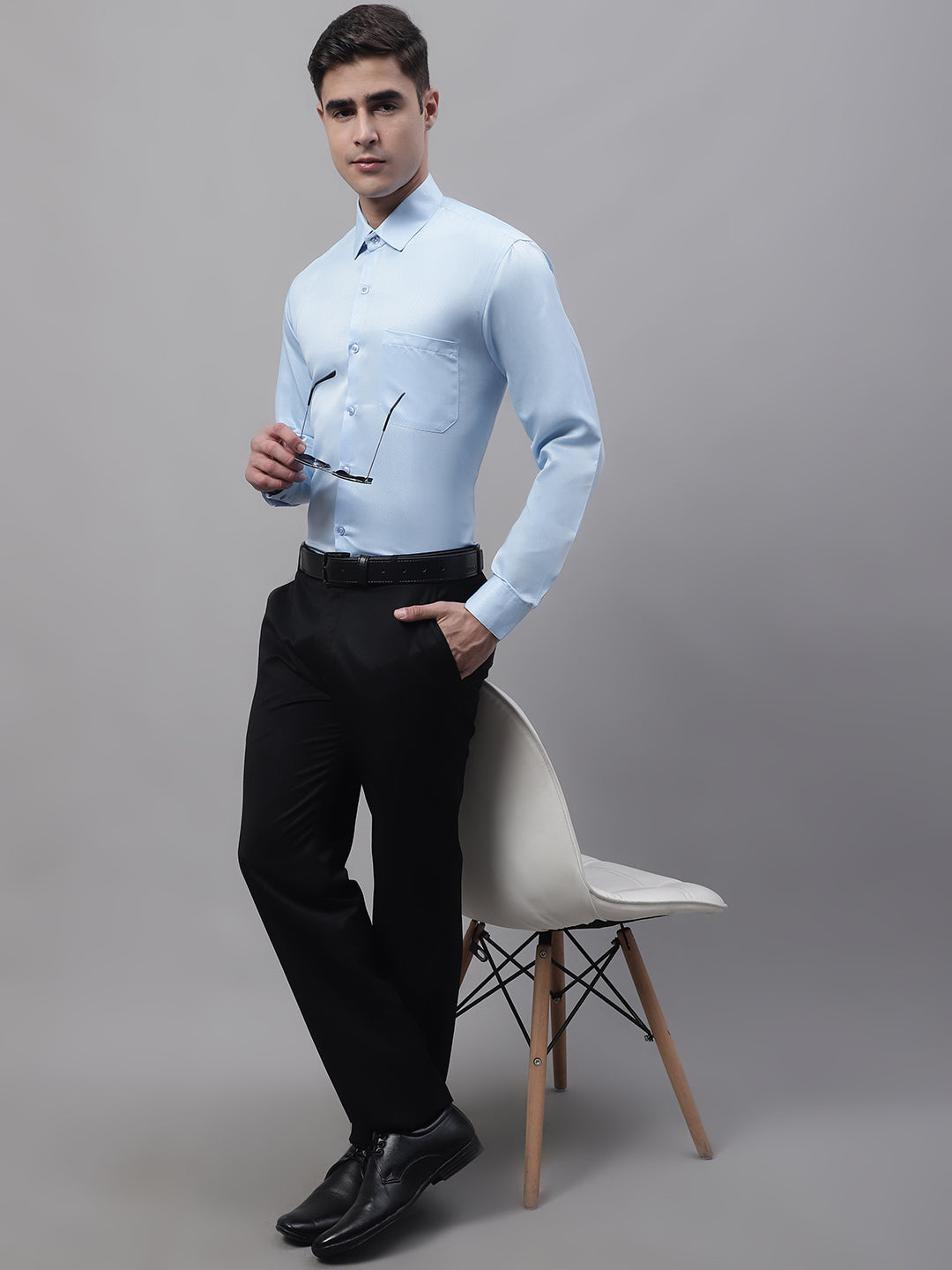 Jainish Men's Light-Blue Dobby Textured Formal Shirt