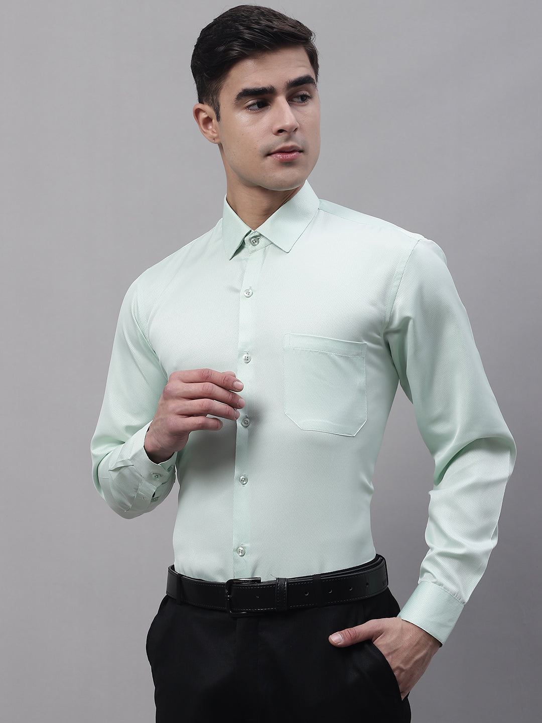 Jainish Men's Light-Green Dobby Textured Formal Shirt