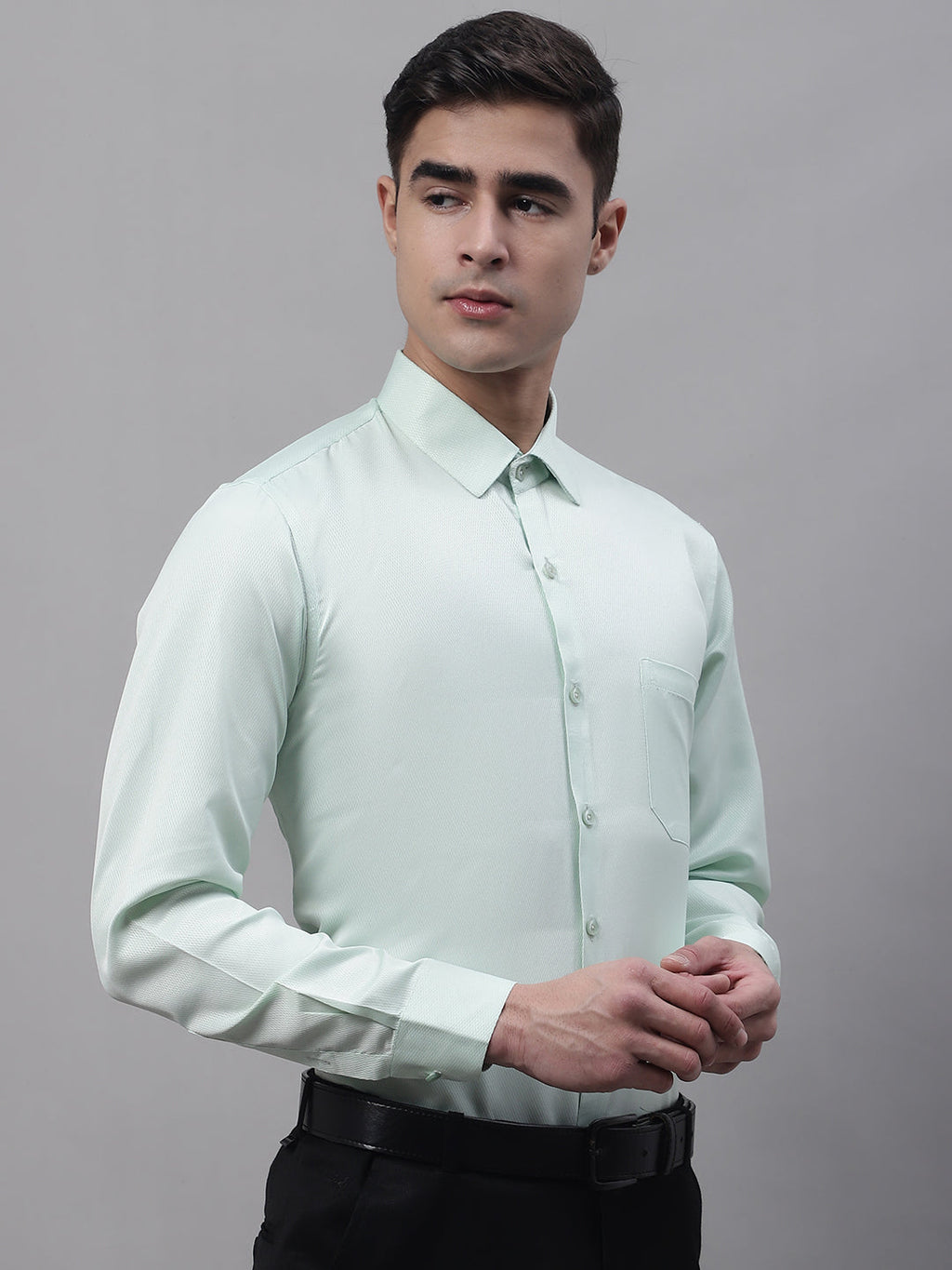 Jainish Men's Light-Green Dobby Textured Formal Shirt