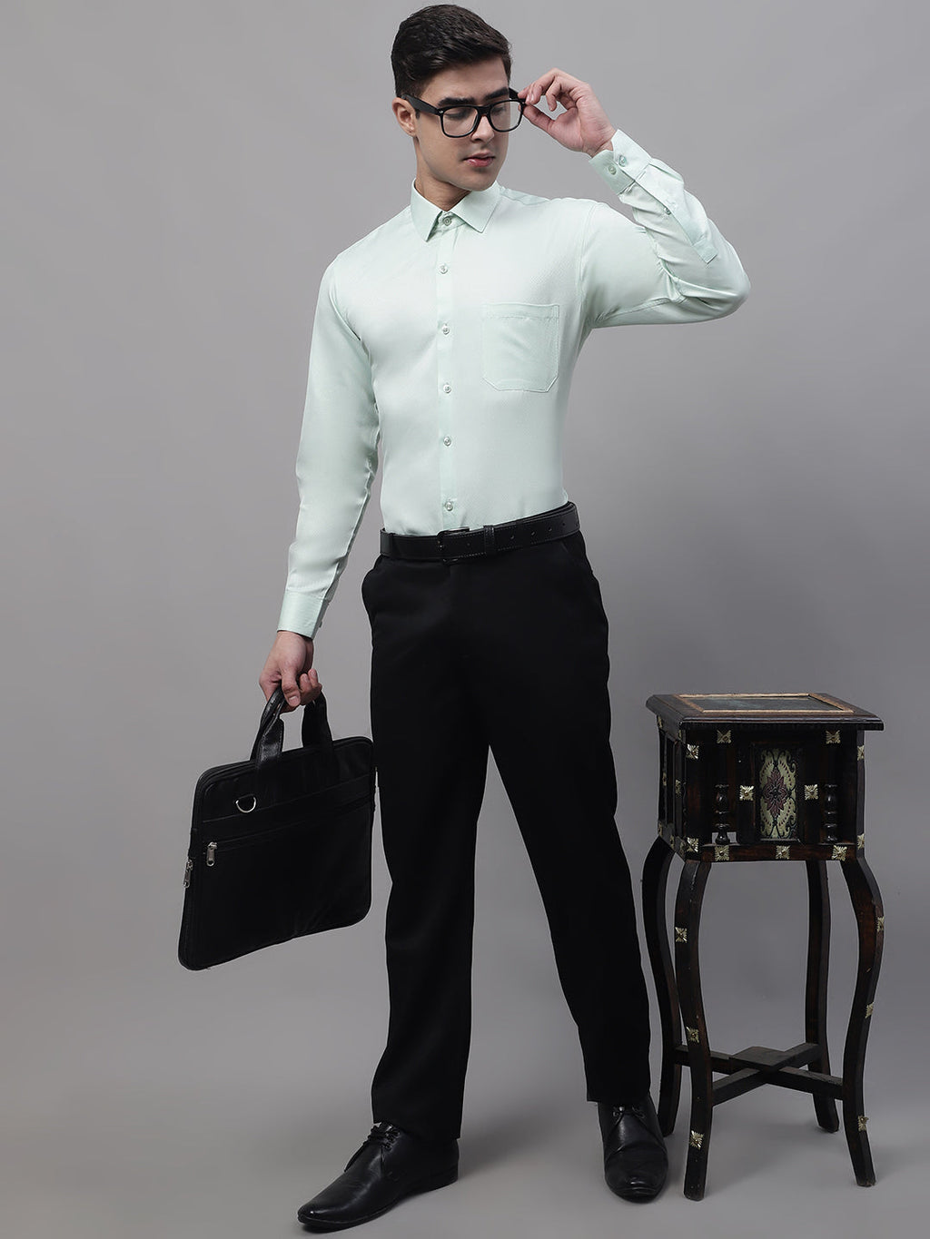 Jainish Men's Light-Green Dobby Textured Formal Shirt
