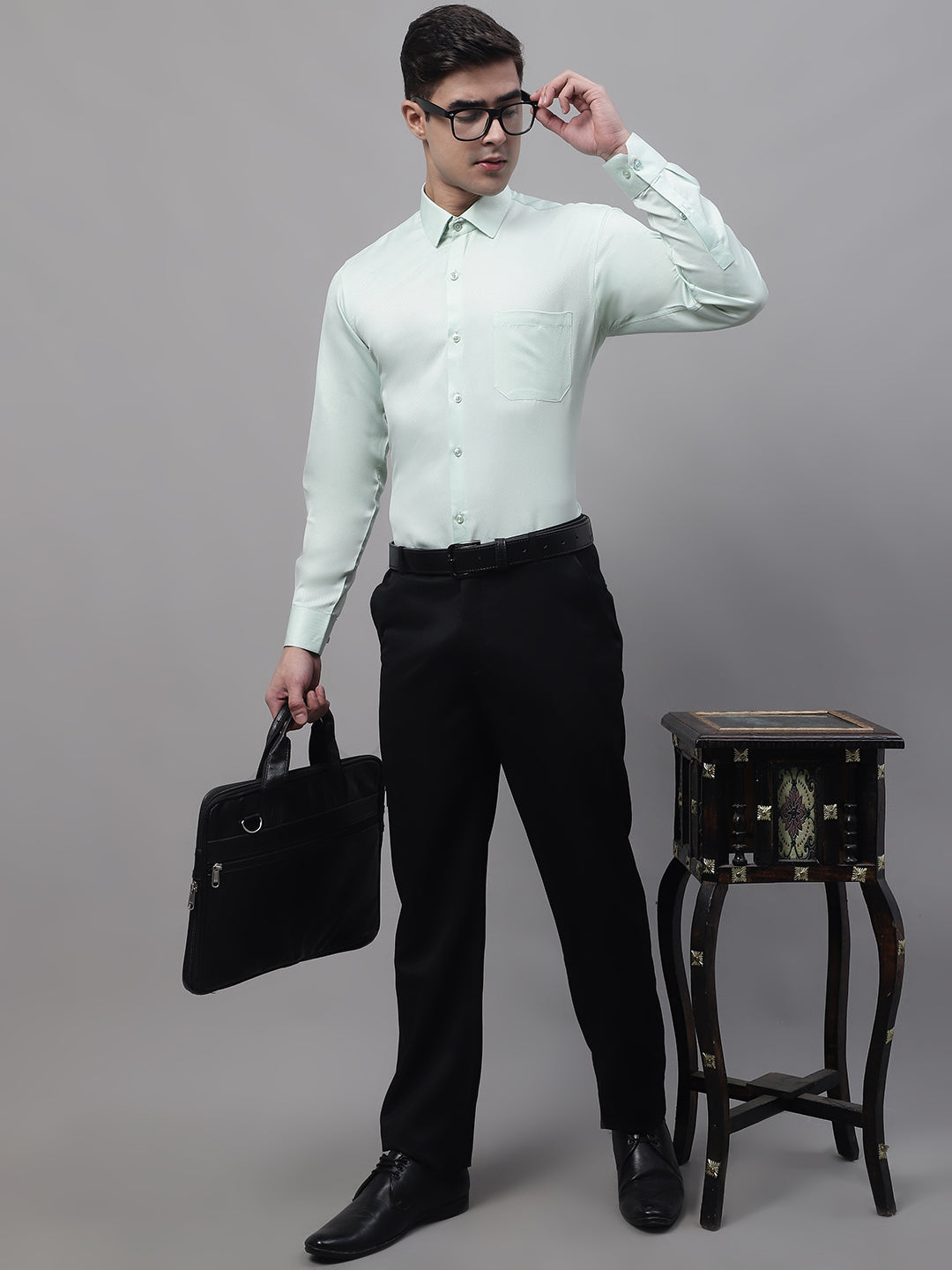 Jainish Men's Light-Green Dobby Textured Formal Shirt
