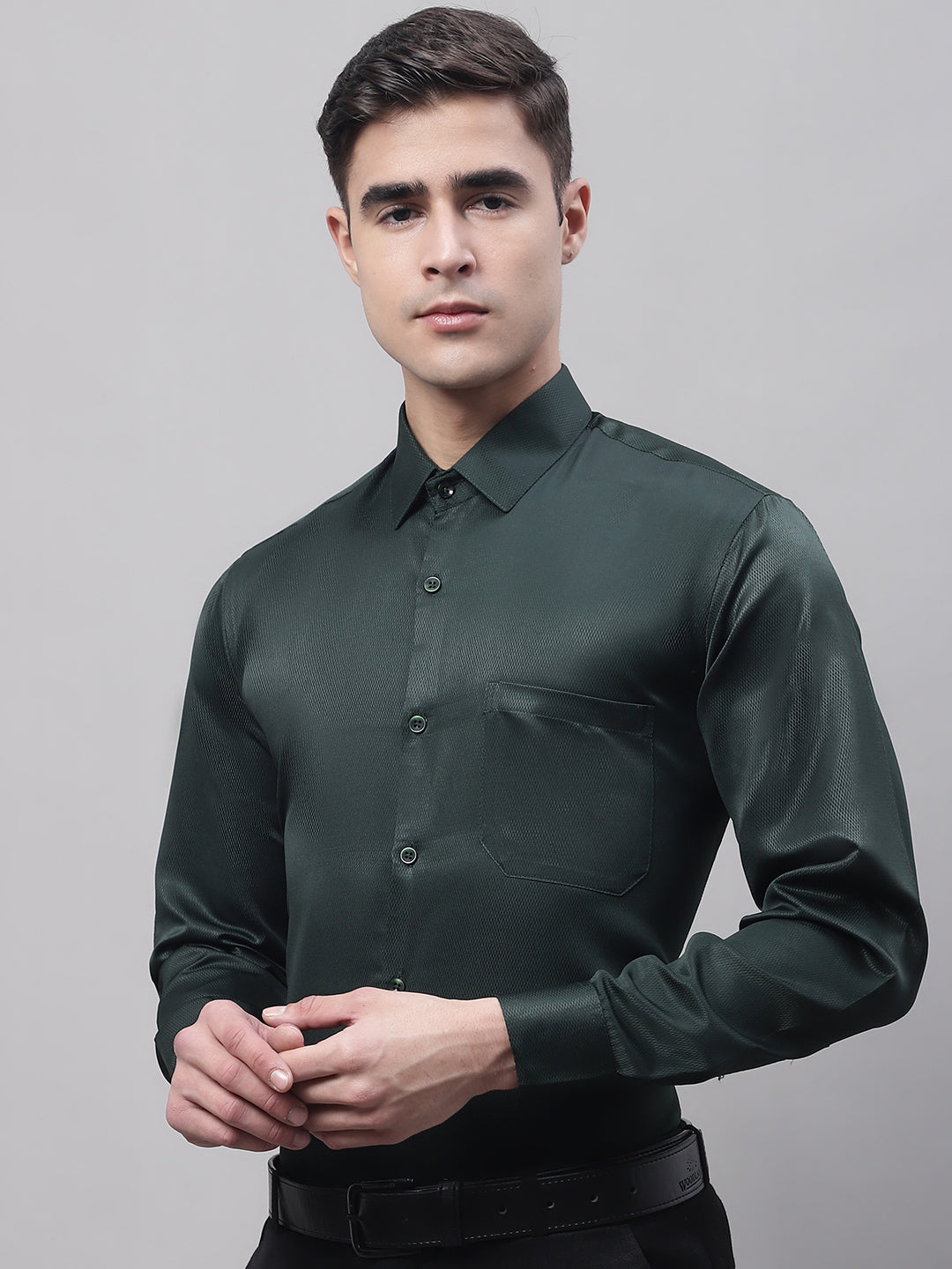 Jainish Men's Olive Green Dobby Textured Formal Shirt